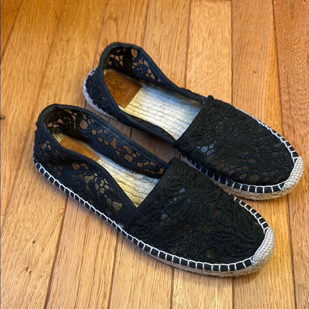 Tory Burch Abbe black lace flat espadrilles